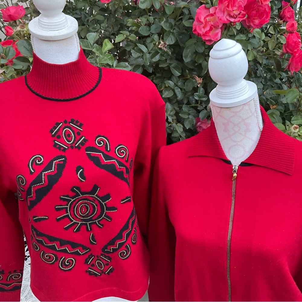 St John Sz P Red 💋 Sunburst Twinset Jacket Sweater Studded dress evening suit